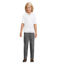 A child in a white shirt and grey pantsDescription automatically generated
